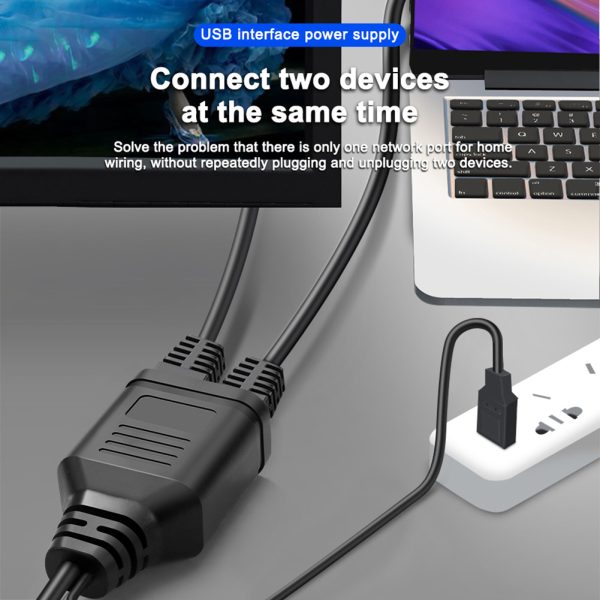 RJ45 Ethernet Splitter 1 Female To 2 Female Network Extension Connector Ethernet Switch With Usb Charging Cable black