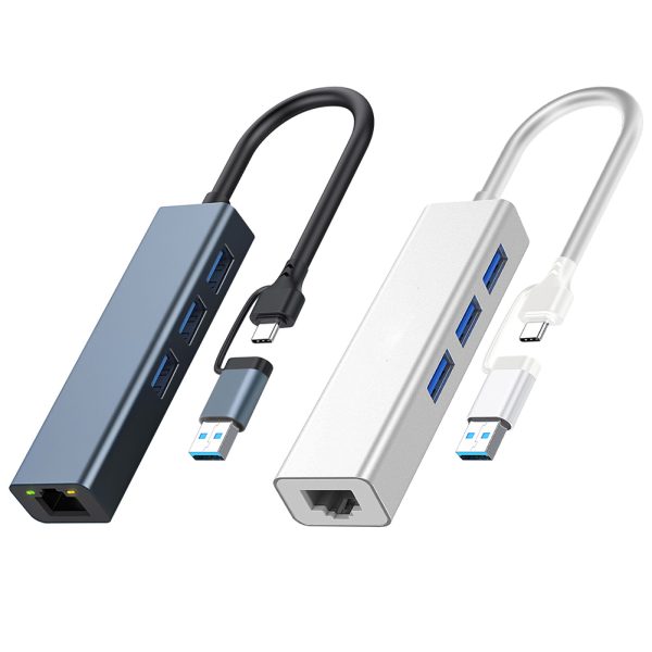 Ethernet Adapter 4 In 1 Hub 100/1000Mbps USB 3.0 Type-C To RJ45 Multiport LAN Network Adapter For Laptop PC Computer Gigabit 1000Mbps Silver