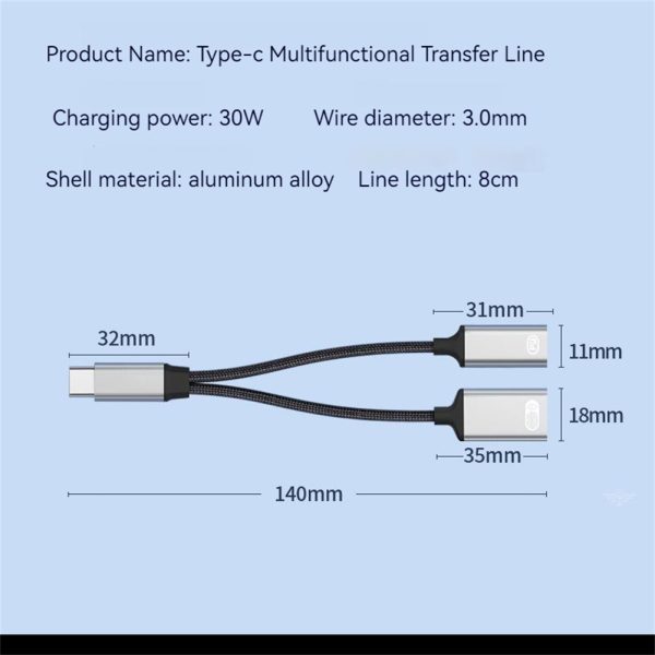 Multi-functional Type-c 2-in-1 Adapter Cable Pd Fast Charge Otg Compatible For Ipad Pro / TV Chromecast Samsung Iron gray
