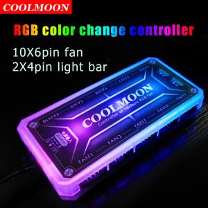 Coolmoon RGB Remote Controller Dc12v 5a Led Smart Fan Controller With 10pcs 6-pin Fan Ports 2pcs 4-pin Light Bar Ports black