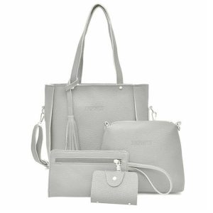4pcs/set Fashion Lychee Pattern Tassel Tablet Phone Storage  Bag Wear-resistant Zipper Mother-and-child Bag Female Bag Set Dark gray